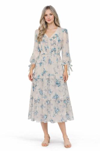 فستان نسائي ميدي شيفون بطبعة زهور زرقاء وقصة متعدد...