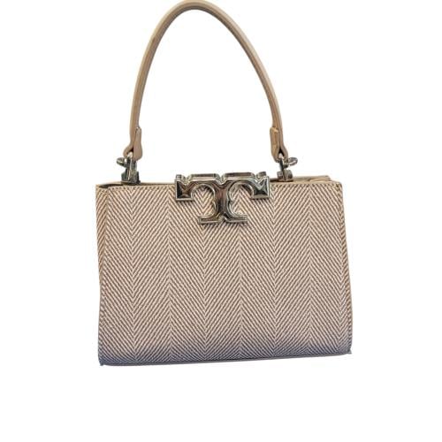 حقيبة يد نسائية بلون بيج بنقشة هندسية ومشبك معدني...