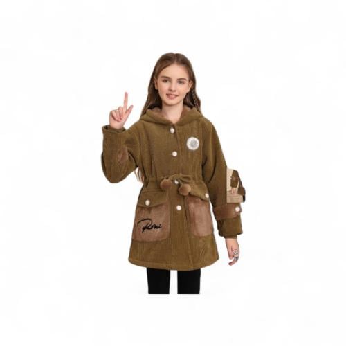 معطف بناتي شتوي بني متوسط الطول بقبعة وحزام خصر