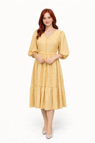 فستان نسائي ميدي بلون أصفر هادئ بقصة خصر مطاطية وي...