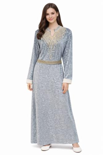 قميص شتوي نسائي مخملي باللون الرمادي بتطريز ذهبي ف...