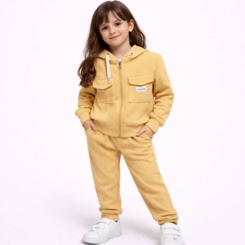 بجامة أطفال صفراء شتوية بسحاب وقبعة بتصميم عملي أن...