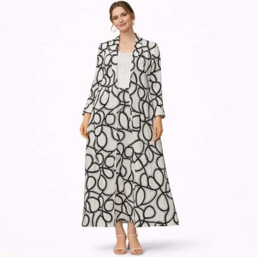 فستان نسائي طويل بثلاث قطع بطبعة هندسية مع جاكيت أ...