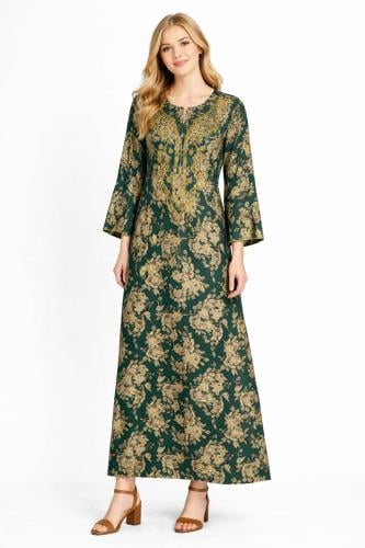 Dark green women's shirt with elegant golden flora...