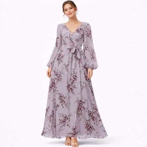 فستان سهرة نسائي طويل بنقشة زهور ورباط خصر أنيق بإ...