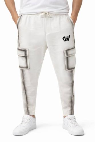 بنطلون رجالي أوفر سايز أبيض بجيوب جانبية وطباعة Su...