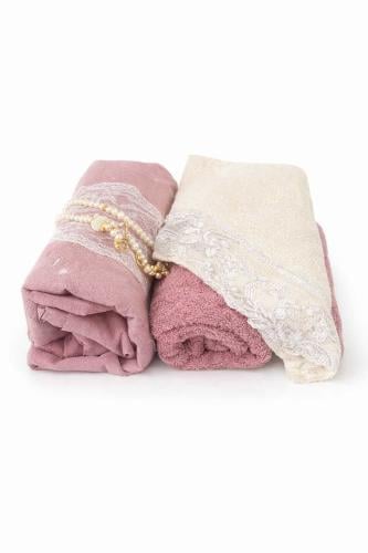 طقم سجدات ومناشف نسائي سراميك وردي وبيج بلمسة دانت...