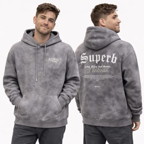 سويت شيرت رجالي رمادي بتأثير غسيل مطفي بطباعة Supe...