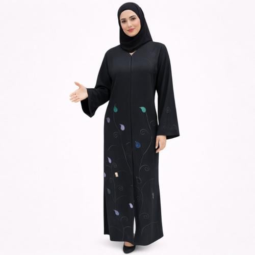 عباية نسائية سوداء بتطريز أوراق ناعم وقصة مريحة