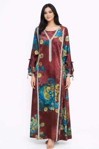 جلابية نسائية أنيقة بنقشة فنية زهرية متعددة الألوا...