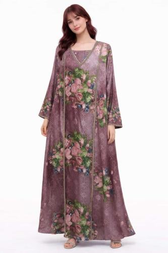 جلابية مخاور فاخرة باللون الموف الوردي بنقشة زهور...