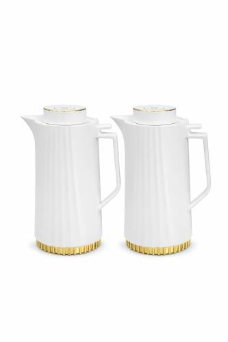 طقم ترامس شاي وقهوة باللون الأبيض مع قاعدة ذهبية ل...