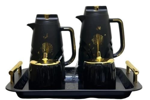 طقم ترامس قهوة وشاي فاخر مع صينية – أسود بلمسات ذه...