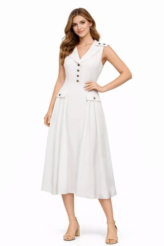 فستان نسائي ميدي أوف وايت بتصميم أزرار أنيق وتنورة...