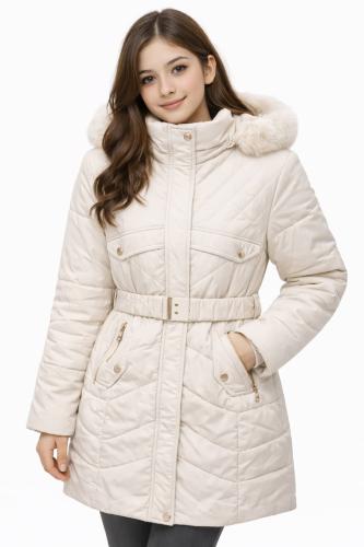 جاكت شتوي نسائي أبيض مبطن بحزام وفرو لإطلالة أنيقة...
