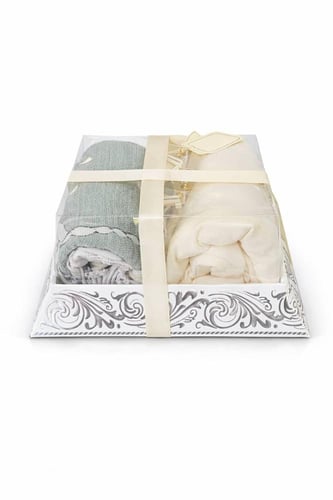 طقم سجدات ومناشف نسائي سراميك وردي وبيج بلمسة دانت...