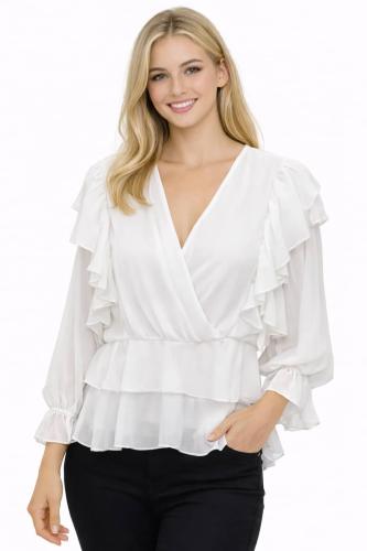 بلوزة نسائية شيفون باللون الأبيض بكشاكش وياقة V أن...