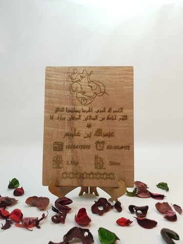 لوحة خشبي محفور بالليزر توثق اسم المولود وتاريخ وو...