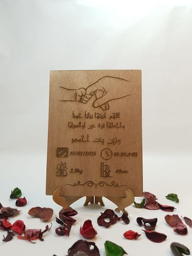 لوحة خشبي محفور بالليزر توثق اسم المولود وتاريخ وو...