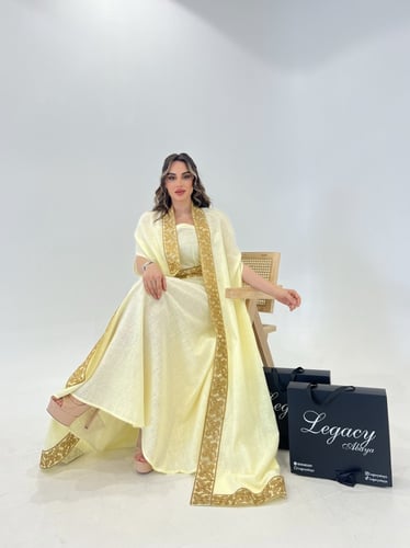 جلابية سترين لنن قطعتين اصفر