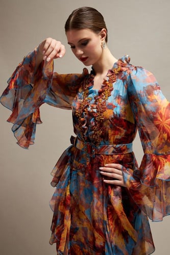 فستان سهرة مشجر من الشيفون الحريري