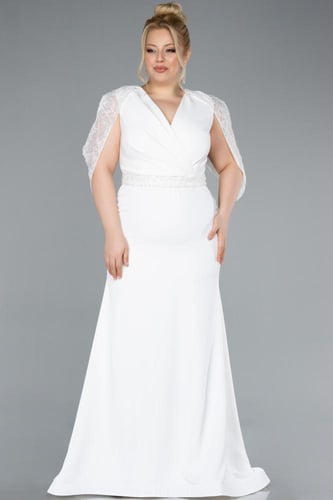 فستان سهرة بخصر وأكمام قصيرة مطرزة