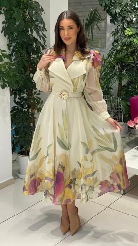 فستان ناعم مشجر بحزام أنيق - مقاس كبير