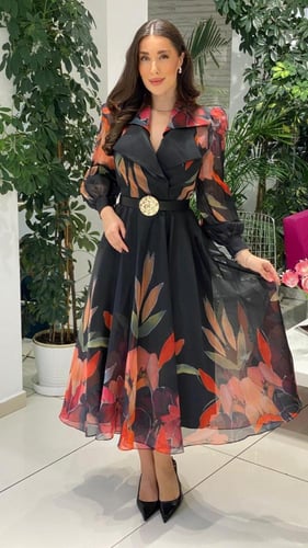 فستان ناعم مشجر بحزام أنيق - مقاس كبير