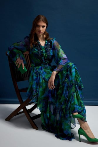 فستان سهرة مشجر من الشيفون الحريري