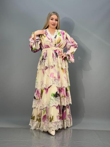 فستان مشجر بحزام وكشكشة ناعمة - مقاس كبير