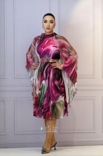 فستان ميدي ناعم بحزام وأكمام واسعة