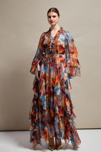 فستان سهرة مشجر من الشيفون الحريري