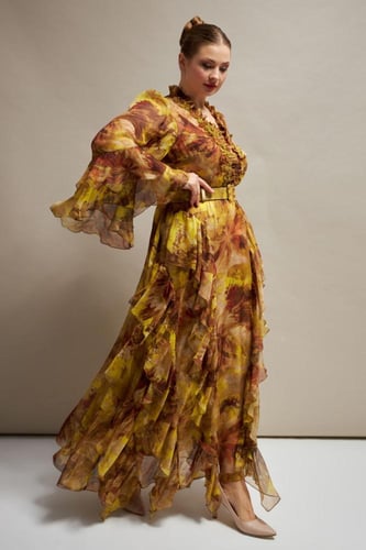 فستان سهرة مشجر من الشيفون الحريري