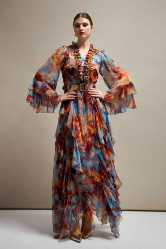 فستان سهرة مشجر من الشيفون الحريري