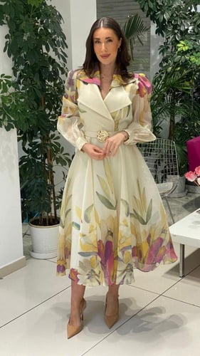 فستان ناعم مشجر بحزام أنيق - مقاس كبير