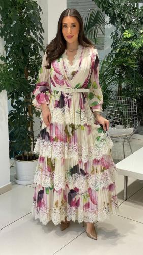 فستان مشجر بحزام وكشكشة ناعمة - مقاس كبير