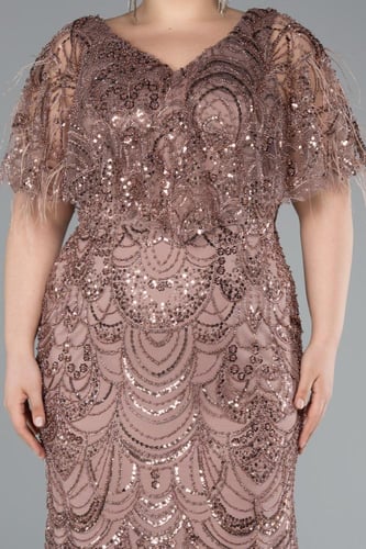 فستان بأكمام مزينة بتطريز الخرز وزخارف الريش