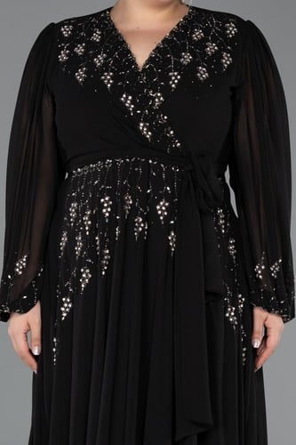 فستان سهرة شيفون أسود بأكمام طويلة