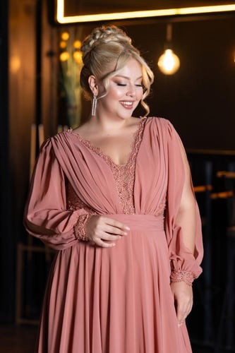 فستان سهرة شيفون طويل بأكمام قصيرة