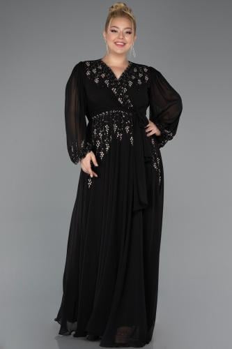 فستان سهرة شيفون أسود بأكمام طويلة
