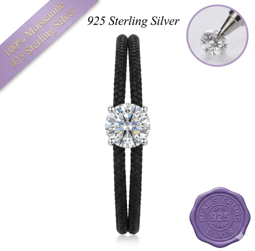 Round Moissanite Black Cord Bracelet
