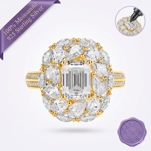 Flower Design Halo Emerald Cut Gold