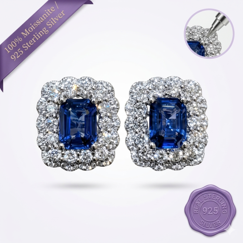 Lab Sapphire with Moissanite Halo Earrings