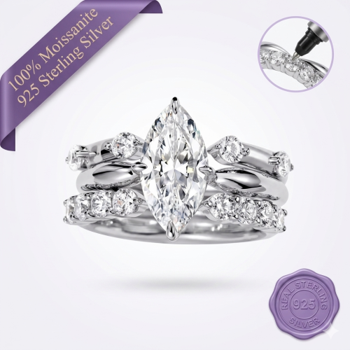 Marquise Moissanite Halo Bridal Ring Set
