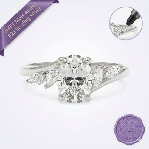 Oval Cut Moissanite Ring with Marquise Side Stones