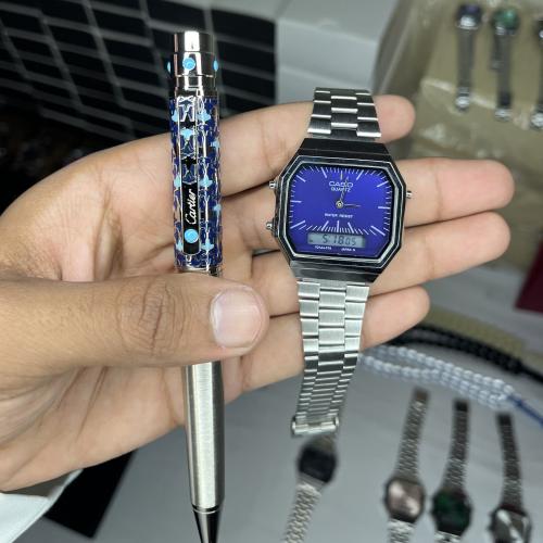 طقم ساعة كاسيو(كحلي) دبل تايم وقلم كارتير