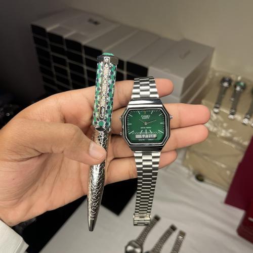 طقم ساعة كاسيو (اخصر ) دبل تايم وقلم كارتير
