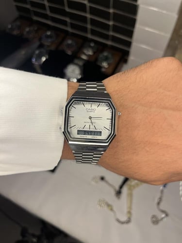 طقم ساعة كاسيو (ابيض) دبل تايم وقلم كارتير