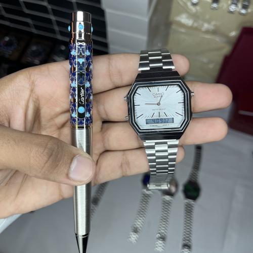 طقم ساعة كاسيو (ابيض) دبل تايم وقلم كارتير