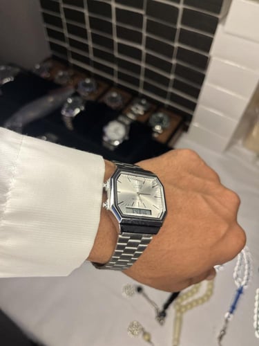 طقم ساعة كاسيو (ابيض) دبل تايم وقلم كارتير